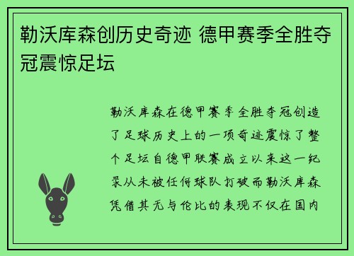 勒沃库森创历史奇迹 德甲赛季全胜夺冠震惊足坛 勒沃库森创历史奇迹 德甲赛季全胜夺冠震惊足坛